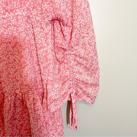 Influence Women's Pink Floral Crew Neck Shirred Sleeve Tiered Mini Dress Size 8 - Picture 12 of 16